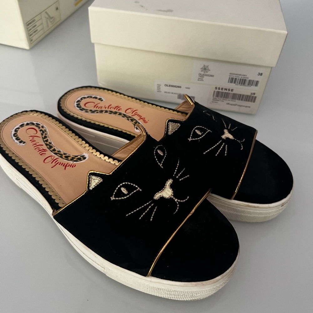 Charlotte Olympia Black Velvet Kitten Slides